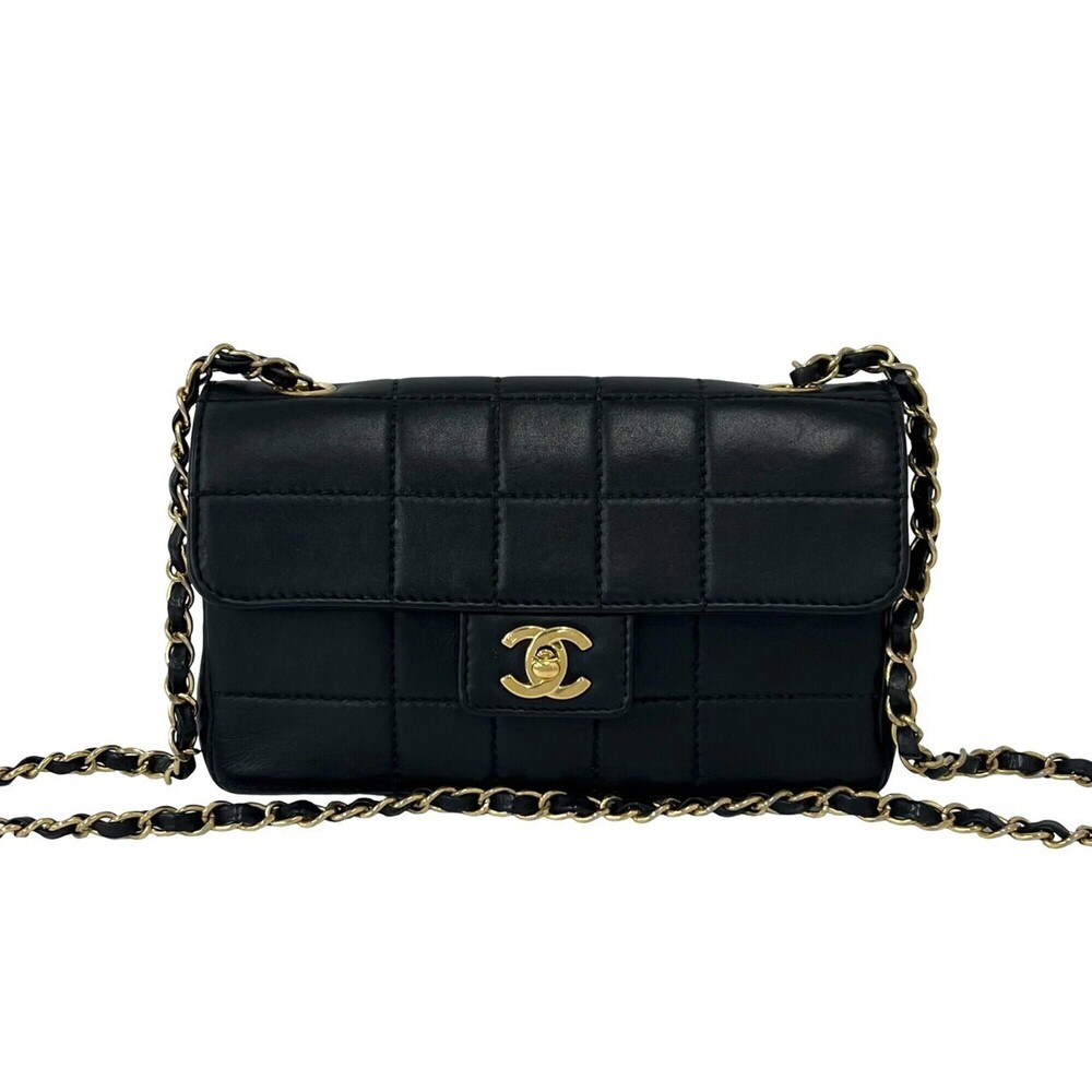CHANEL Chocolate Bar Coco Mark Leather Chain Shoulder Bag Pouch Black 44083